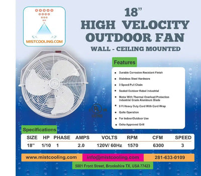 MistCooling High-Pressure Misting Fan System - 18 Inch Outdoor Fan with Stainless Steel Ring-Patio Pelican