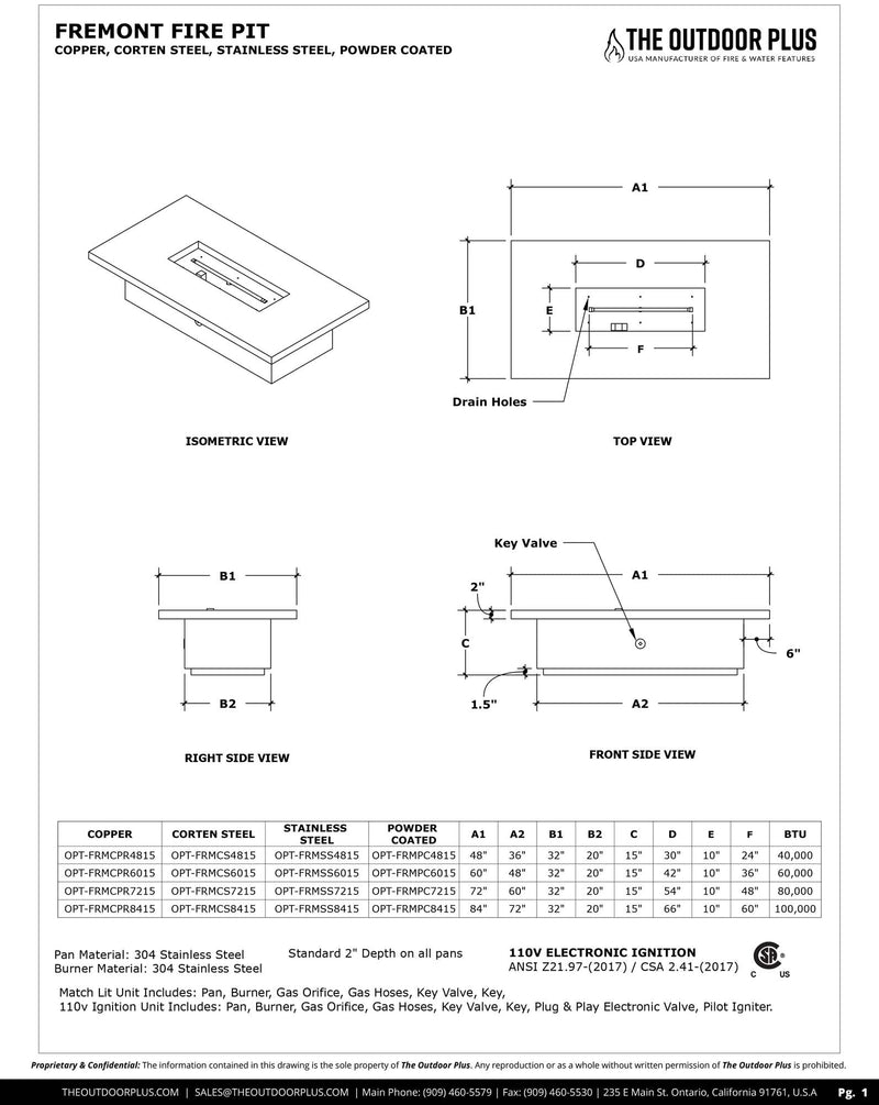 The Outdoor Plus 48" Rectangular Fremont Fire Table 15” Tall - Corten Steel-Patio Pelican