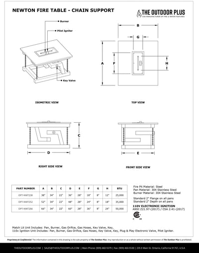 The Outdoor Plus 52" Newton Fire Table w/ Chain Support - Powder Coated Metal-Patio Pelican