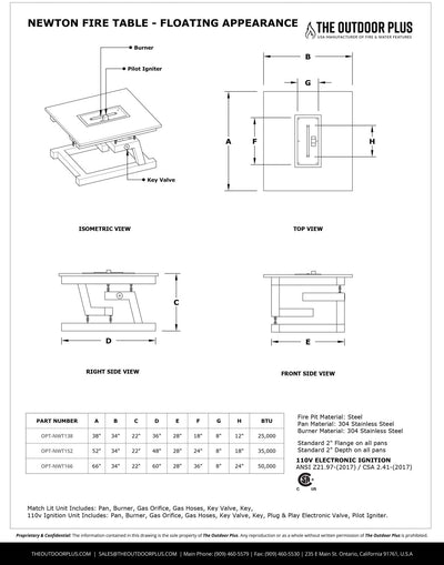 The Outdoor Plus 66" Newton Floating Appearance Fire Table - Powder Coated Metal-Patio Pelican