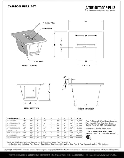 The Outdoor Plus 72" Rectangular Carson Fire Table 24" Tall - Wood Grain GFRC Concrete-Patio Pelican