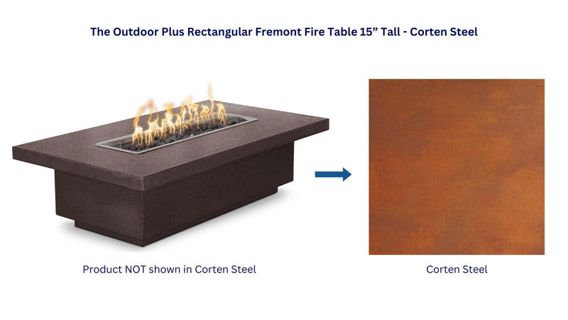 The Outdoor Plus 72" Rectangular Fremont Fire Table 15” Tall - Corten Steel-Patio Pelican