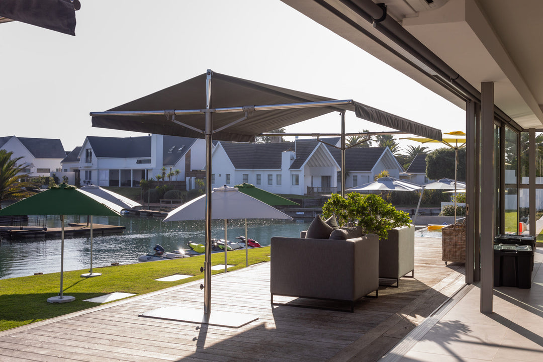 Woodline Shade Solutions Papillon Dual Post Patio Umbrella – Patio Pelican